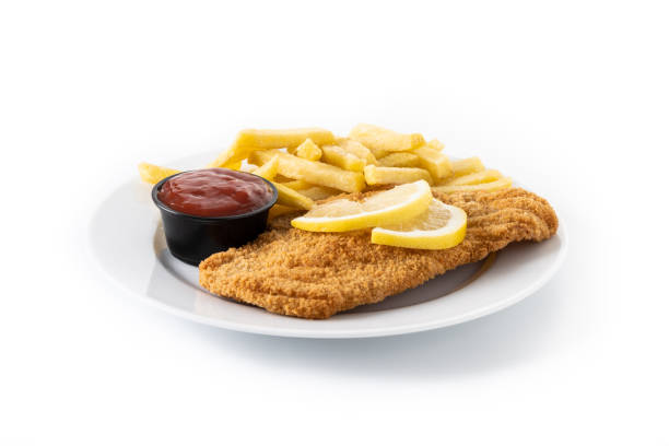 istock Wiener schnitzel with fried potatoes isolated on white background 1475105876