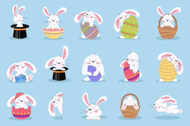 пасхальный кролик установил графические элементы в плоском дизайне. пучок милых белых кроликов, держащих разноцветные яйца с различными п� - easter rabbit easter bunny humor stock illustrations