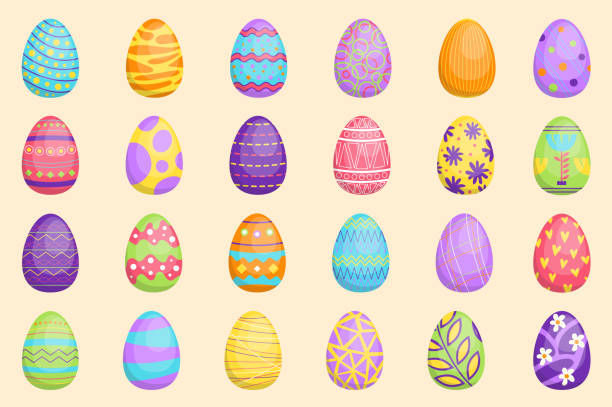 부활절 달걀은 평면 디자인의 그래픽 요소를 설정합니다. 점, 축제 기하학적 또는 꽃 장식품에 다른 축제 패턴과 귀여운 다채로운 계란의 번들. 벡터 그림 격리 된 개체 - 부활절 달걀 stock illustrations