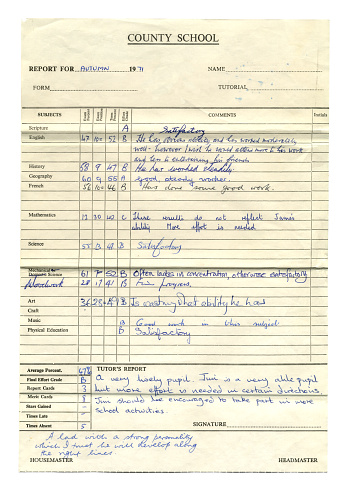 School report from a secondary school boy named James (Jim) who obviously could have put a bit more effort into his studies! Dated 1971. (All identifying details have been removed.)