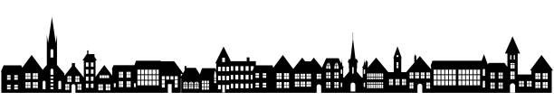 Town skyline silhouette. Small city houses, factory buildings, old church roofs, simple residental neighborhood vector flat scene. Town skyline silhouette. Small city houses, factory buildings, old church roofs, simple residental neighborhood vector flat scene house uk countryside stock illustrations