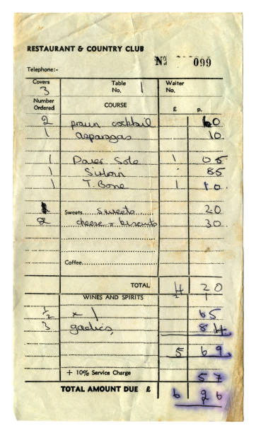 Receipt for dinner for three people, early 1970s A restaurant receipt for dinner for three people, probably from the early-mid 1970s. The diners consumed prawn cocktail, asparagus, Dover sole, sirloin steak, T-Bone steak, pudding, cheese and biscuits, wine and Gaelic coffee. The total cost was £6.26, including service charge. (All identifying details removed.) shrimp cocktail stock pictures, royalty-free photos & images