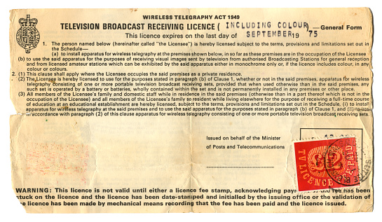 A very scruffy old British television licence dated 1974, which permits the purchaser to watch TV and listen to radio for a year at the cost of £12.00. It as issued in Walsall, Staffordshire (West Midlands). Identifying details removed.