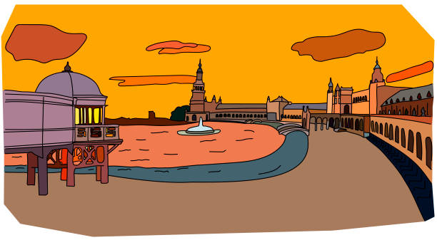 пейзаж кадиса и севильи - sevilla plaza de espana seville spain stock illustrations