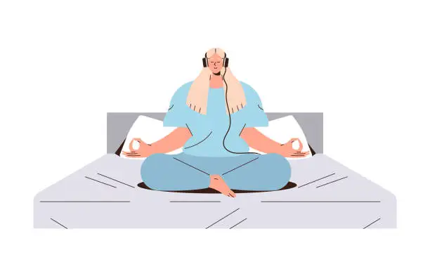 Vector illustration of Woman wearing headphones meditating listening online training on internet enjoying guided meditation
