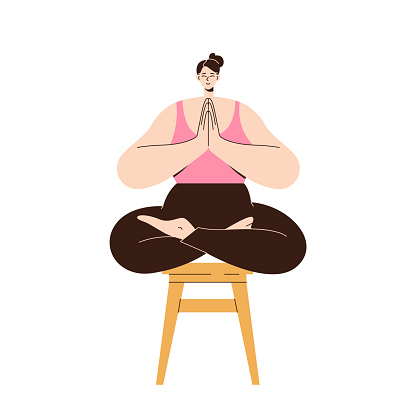 Tranquil woman on backless stool meditating sitting with crossed legs and folded hands in Namaste position vector illustration. Yoga relaxation, mindfulness, emotional and mind balance concept