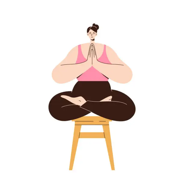 Vector illustration of Tranquil woman on stool meditating sitting with crossed legs and folded hands in Namaste position