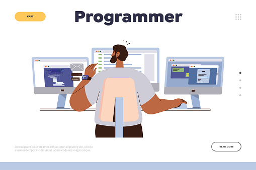 Programmer Landing Page Template Man Writing Software Code Working On ...