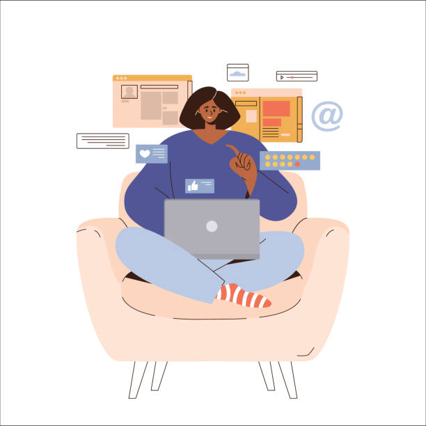 illustrazioni stock, clip art, cartoni animati e icone di tendenza di freelance donna d'affari multitasking, manager smm che lavora online utilizzando il computer portatile - multi tasking efficiency financial advisor business