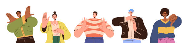 Group of diverse people character showing refusal hand sign with negative emotions Group of diverse people character showing refusal sign with negative emotions vector illustration. Cartoon man and woman protesting gesturing thumbs down, disagree, dislike and stop crossing hands impatient woman stock illustrations