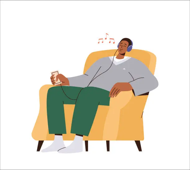 Vector illustration of Young man in headset sitting on armchair and listening to music or audio book on smartphone