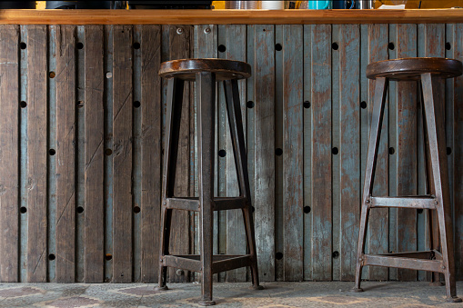 Vintage and rustic wooden bar andcaffe stools