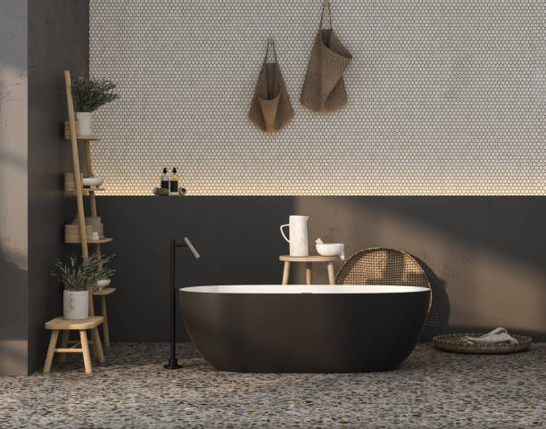 istock Modern minimalist bathroom interior with black bathtub, interior plants, bathroom accessories, black wall, terrazzo flooring. 3d rendering 1475117607