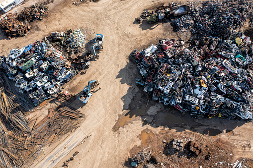 Metal recycling center from above, drone photography.