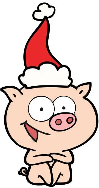 Vector illustration of cheerful sitting pig hand drawn line drawing of a wearing santa hat