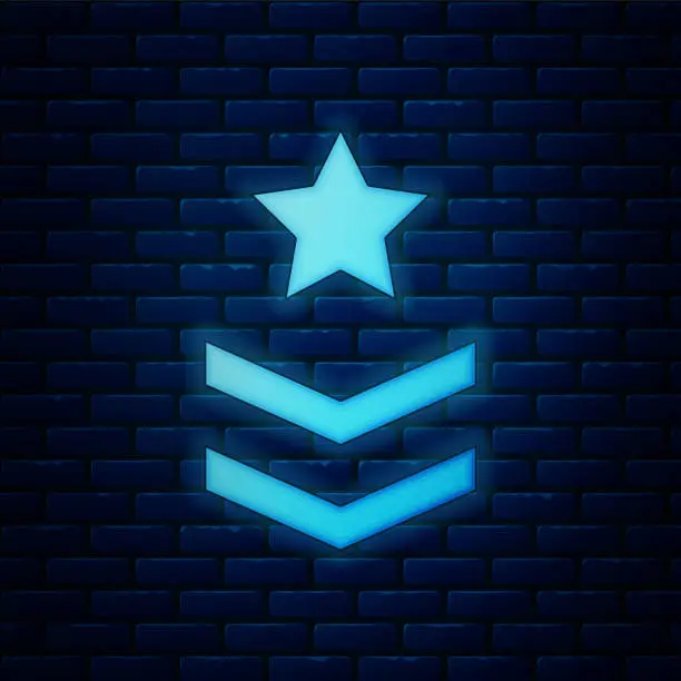 Vector illustration of Glowing neon Military rank icon isolated on brick wall background. Military badge sign. Vector