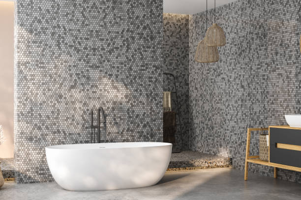istock Modern minimalist bathroom interior, modern bathroom cabinet, white sink, wooden vanity, interior plants, bathroom accessories, bathtub and shower, black and tile walls, concrete floor. 3d rendering 1475119741