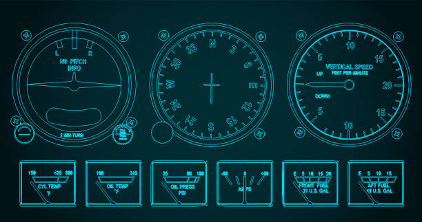 Aircraft control panel drawing Stylized vector illustration of an airplane control dashboard close up flight radar screen stock illustrations