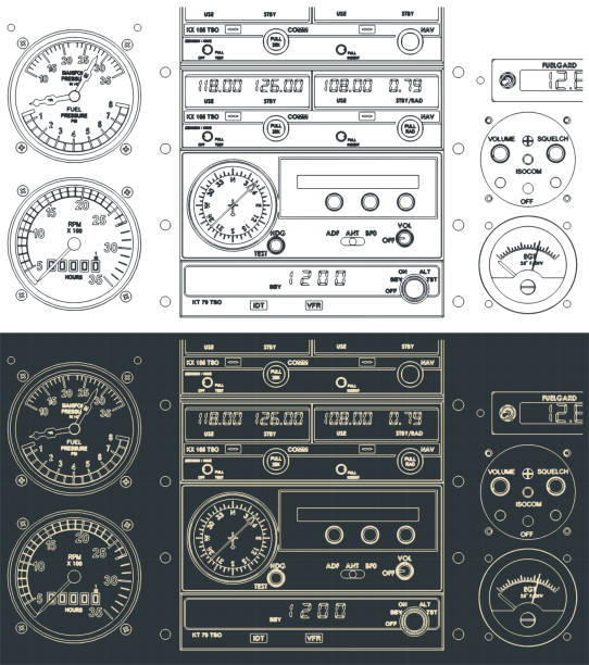 Airplane control dashboard illustrations Stylized vector illustration of an airplane control dashboard close up altitude dial stock illustrations