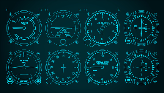 Stylized vector illustration of an airplane control panel close up