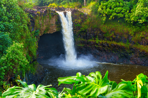 Gentle flow of the water and the peaceful ambiance of a serene waterfall in Wailuku River State Park.