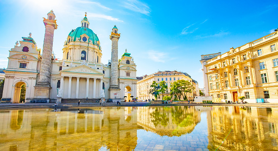 Scenic view of Charle's Church (Karlskirche) in Vienna old town, Austria travel photo
