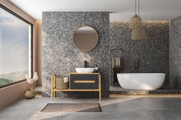 istock Modern minimalist bathroom interior, modern bathroom cabinet, white sink, wooden vanity, interior plants, bathroom accessories, bathtub and shower, black and tile walls, concrete floor. 3d rendering 1475121012