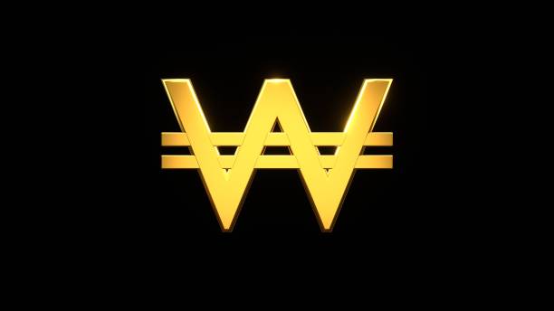 istock Golden South Korean Won sign on black background. 1475121590