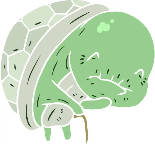 Vector illustration of cute flat color style cartoon old turtle