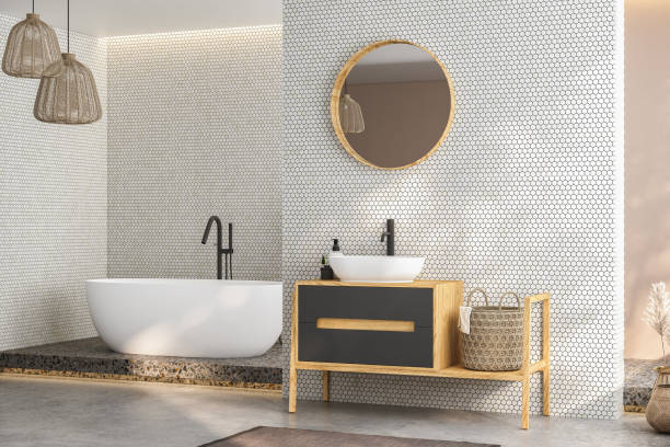 istock Modern minimalist bathroom interior, modern bathroom cabinet, white sink, wooden vanity, interior plants, bathroom accessories, bathtub and shower, white and tile walls, concrete floor. 3d rendering 1475122973