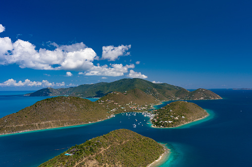 Panorama of Island of Spinalonga with old fortress former leper colony and the bay of Elounda, Crete island, Greece