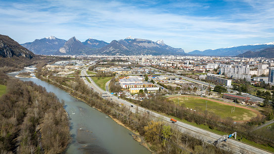 Aerial panoramic view of the agglomeration of Grenoble in french alps