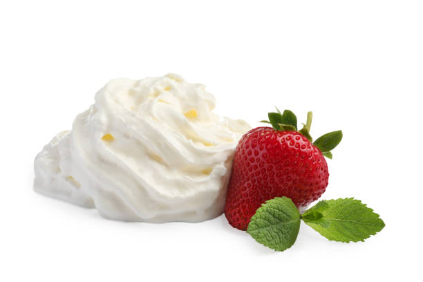istock Delicious strawberry with whipped cream and mint on white background 1475124358
