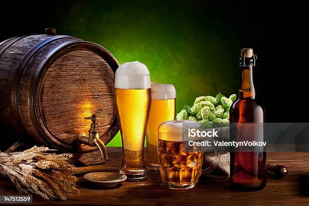 Barrel With Beer Glasses On A Wooden Table Stock Photo - Download Image Now - Alcohol - Drink, Barrel, Beaker