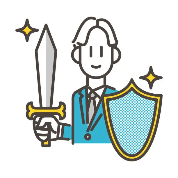 Vector illustration of Vector illustration of a male businessperson in a suit with a sword and shield in his hand.