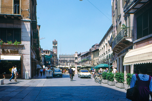 1980s old Positive Film scanned, the street view of the historic Piazza delle Erbe, Verona, Italy.