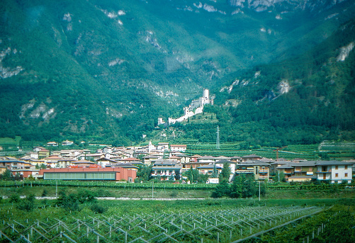 1980s old Positive Film scanned, Parco Naturale Regionale della Lessinia, the view of highway E45 from Bressanone to Verona, Dolcè, Italy.