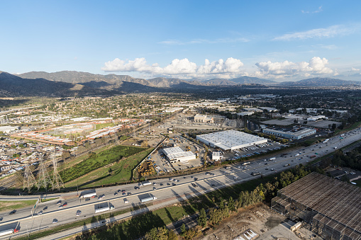 Los Angeles, California, USA - December 6, 2022:  Aerial view of Interstate 5 and the Sylmar neighborhood in Los Angeles California.