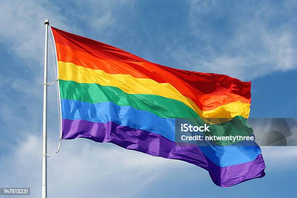 Rainbow Flag Proudly Waving Stock Photo - Download Image Now - Flag, Rainbow Flag, LGBTQIA Rights