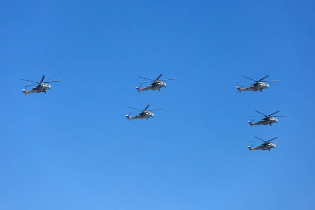 MOSCOW, RUSSIA - May 9, 2009: Russian Air Force helicopters (attack helicopters Mi-24) at Moscow Victory Parade.