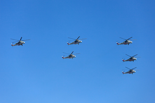 MOSCOW, RUSSIA - May 9, 2009: Russian Air Force helicopters (attack helicopters Mi-24) at Moscow Victory Parade.