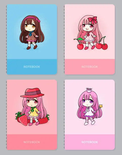 Vector illustration of Trendy vector covers set with kawaii anime chibi girls. Vector design for covers, notebooks, diary, planner, prints, posters.