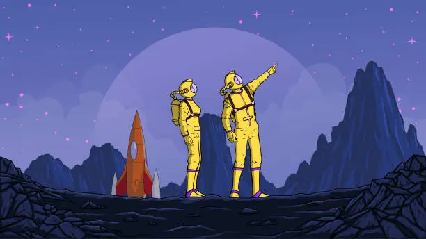 Vector illustration of Vector Sci-fi Astronaut Team Exploring a New Planet Stock Illustration