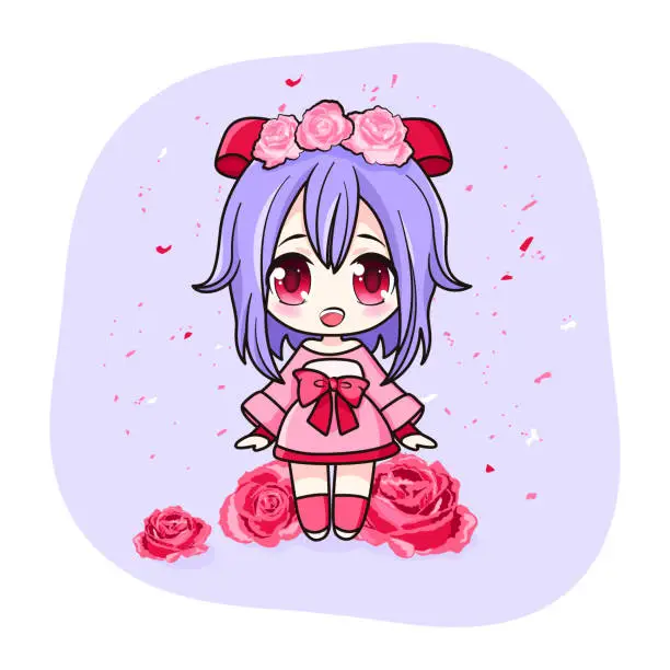 Vector illustration of Cute and kawaii girl in dress with roses. Manga chibi girl with red and pink flowers.