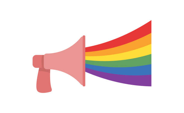 ilustraciones, imágenes clip art, dibujos animados e iconos de stock de megáfono lgbt con arco iris. ilustración vectorial aislada, altavoz de voz del mes del orgullo. mensaje del desfile del orgullo. - gay pride flag audio