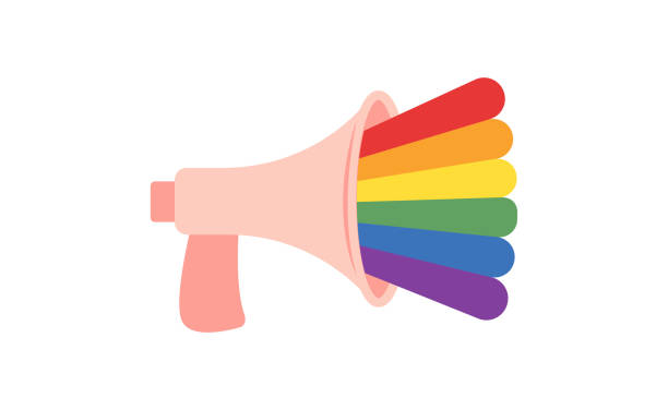 ilustraciones, imágenes clip art, dibujos animados e iconos de stock de megáfono lgbt con arco iris. ilustración vectorial aislada, altavoz de voz del mes del orgullo. mensaje del desfile del orgullo. - gay pride flag audio