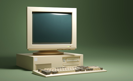 A classic 90s beige personal home computer office setup. 3d illustration