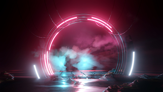 Neon glowing lights on a round futuristic podium stage background. 3D illustration.