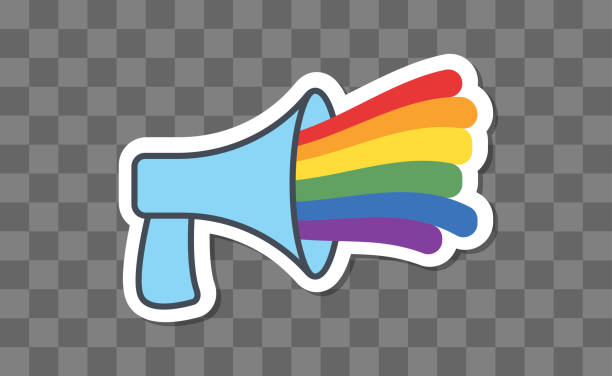 ilustraciones, imágenes clip art, dibujos animados e iconos de stock de megáfono lgbt con arco iris. ilustración vectorial aislada, altavoz de voz del mes del orgullo. mensaje del desfile del orgullo. - gay pride flag audio