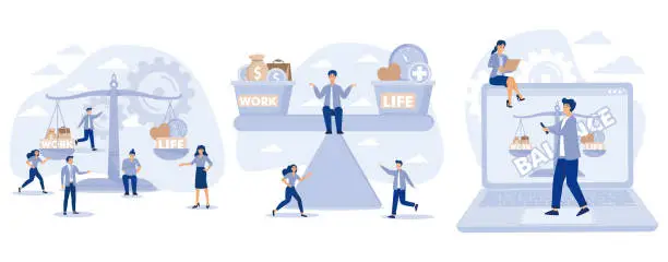 Vector illustration of Work and life balance. Tiny people keep harmony choose between career and money versus love and time, leisure or business, set flat vector modern illustration